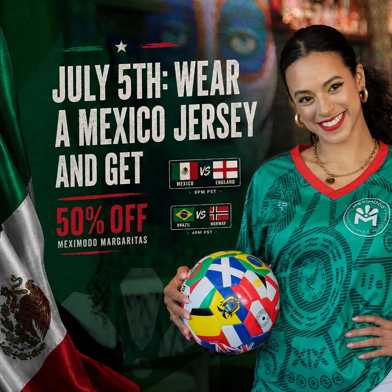 The stakes couldn&rsquo;t be higher.  Come support team Mexico today and receive 50% off any flavor Meximodo Margarita! 

⚽️🍹⚽️🍹 Showing all games live&hellip; let&rsquo;s gooooo 🇲🇽 

#GameDay #TeamMexico #MargaritaTime #MexicanCuisine #NewJersey