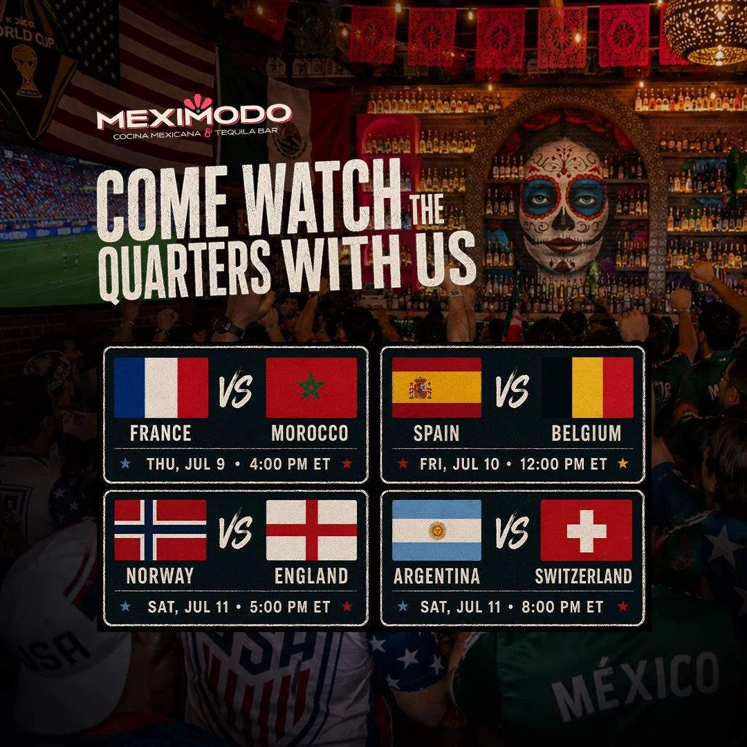 ⚽ The Quarterfinals are here, and the competition is heating up! 🔥

Catch every match LIVE at Meximodo with unbeatable World Cup vibes, authentic Mexican cuisine, and your favorite margaritas. 🌮🍹📺

🎉 Don&rsquo;t forget! Head over to our PINNED p