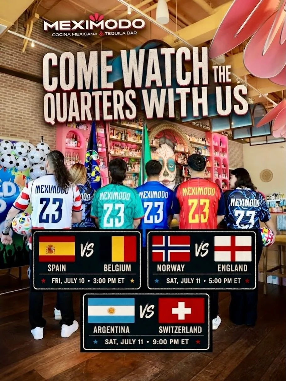 ⚽ The Quarterfinals are here, and the competition is heating up, continuing today at 3 PM🔥

Catch every match LIVE at Meximodo with unbeatable World Cup vibes, authentic Mexican cuisine, and your favorite margaritas. 🌮🍹📺

🎉 Don&rsquo;t forget! H