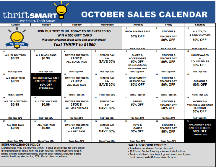 October Sale Calendar 2015