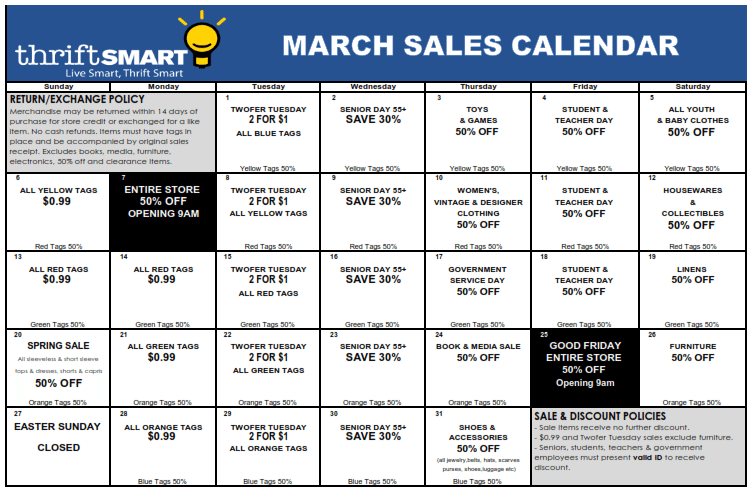 March 2016 Sale Calendar
