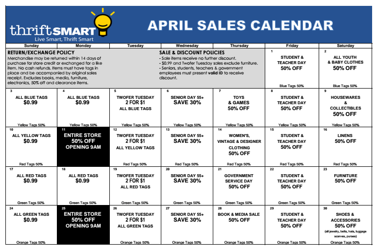 April 2016 Sale Calendar