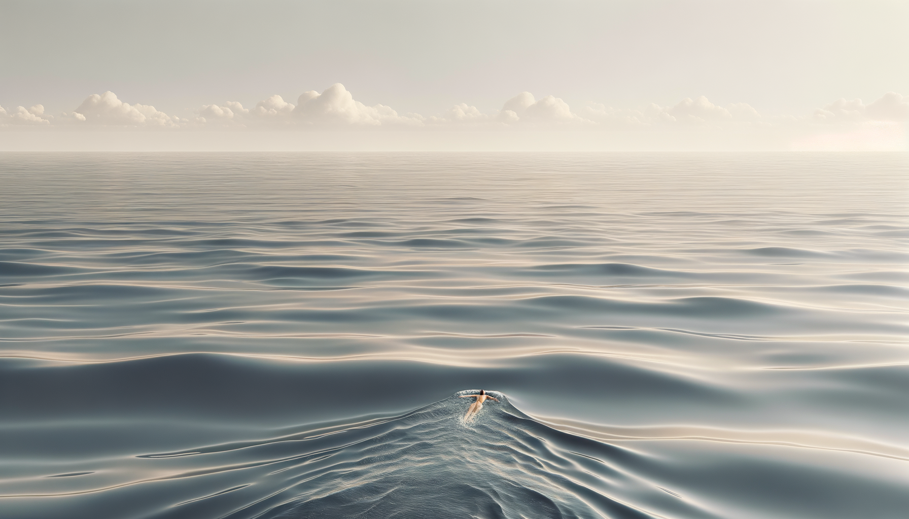 An endless calm ocean with a small boat and ripples, under a cloudy sky.
