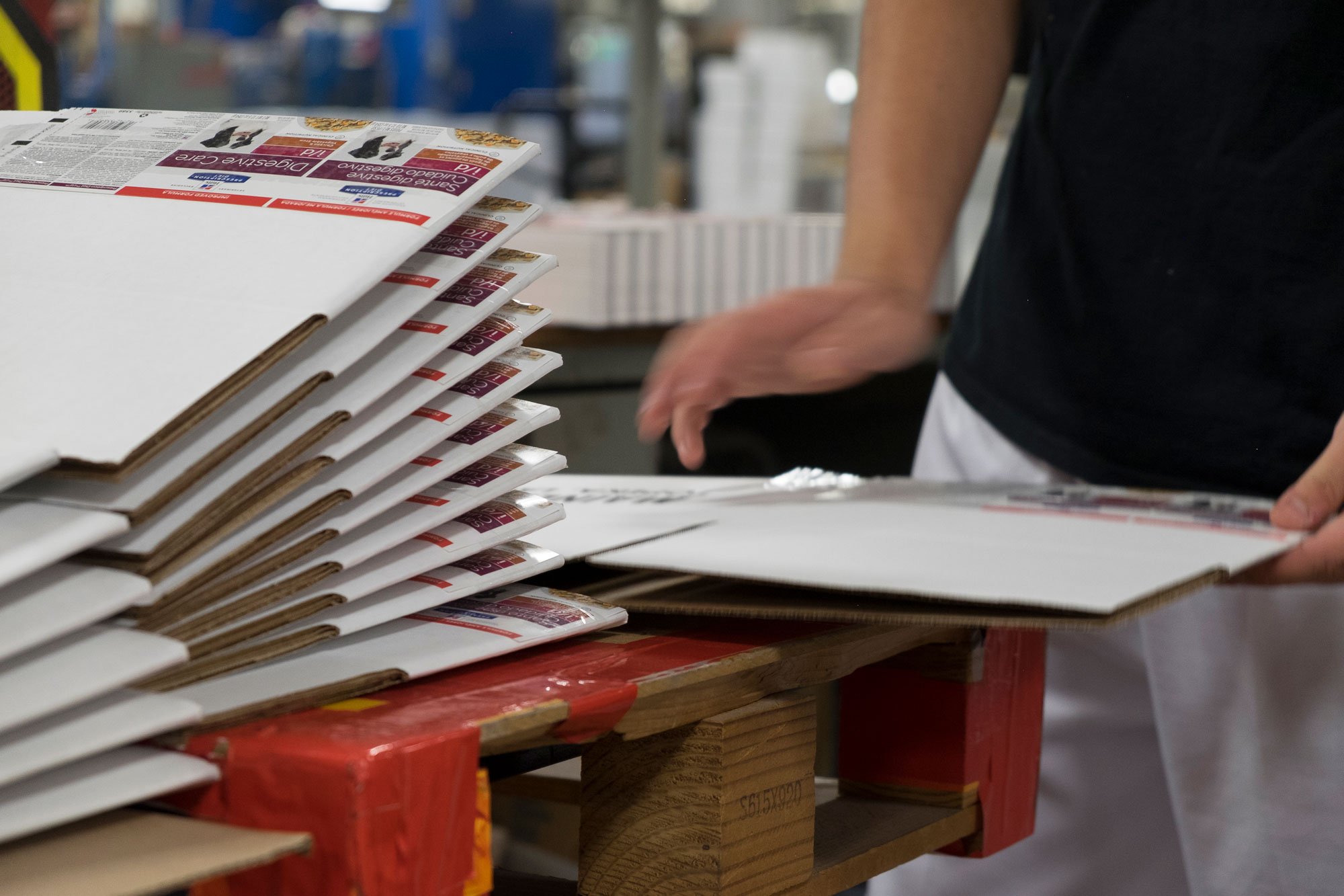 A person stacking boxes on a table in a print shop.
