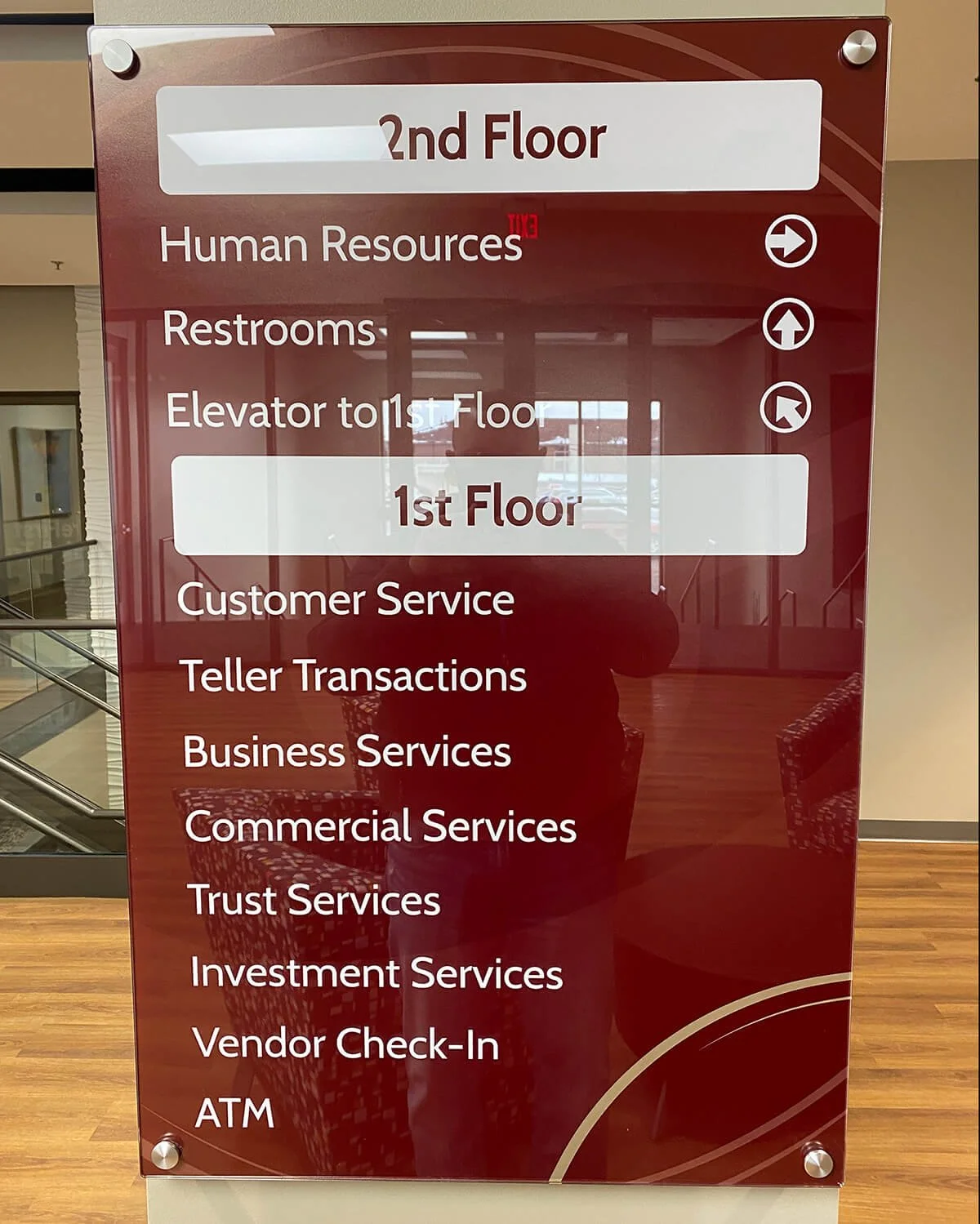 Directory sign showing locations on the 2nd and 1st floors, including Human Resources, Restrooms, Elevator to 1st Floor, Customer Service, Teller Transactions, Business Services, Commercial Services, Trust Services, Investment Services, Vendor Check-