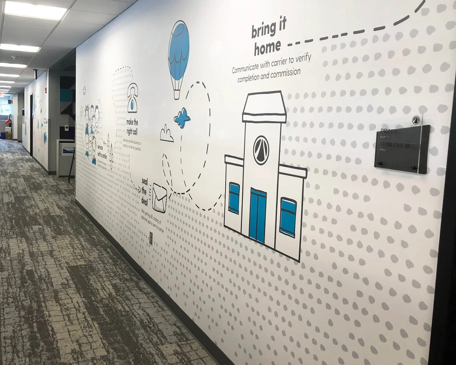 An office hallway with a decorative wall featuring illustrative instructions about package delivery, including icons of a house, a package, and a hot air balloon, with text such as 'bring it home', 'make the right call', and 'seal the deal'.