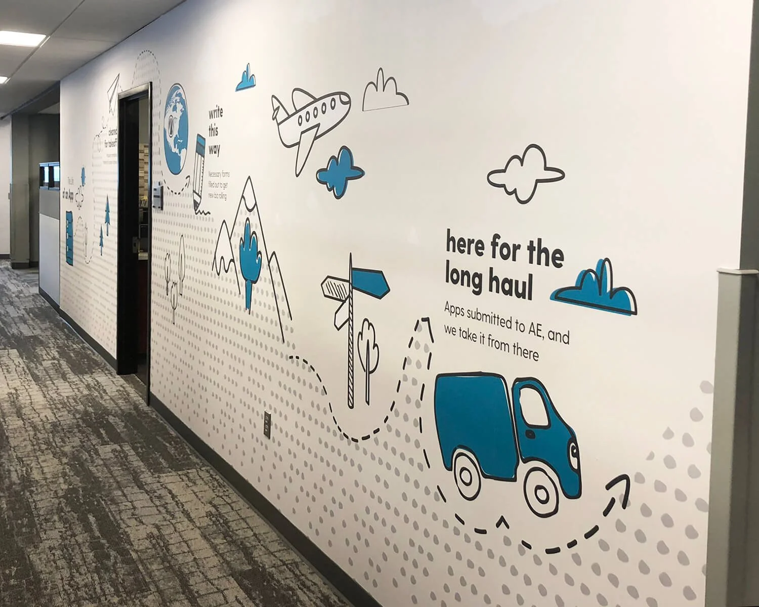Decorative wall mural featuring travel-themed illustrations such as trees, mountains, clouds, an airplane, a van, and signposts, with text about submitting apps for a long haul.
