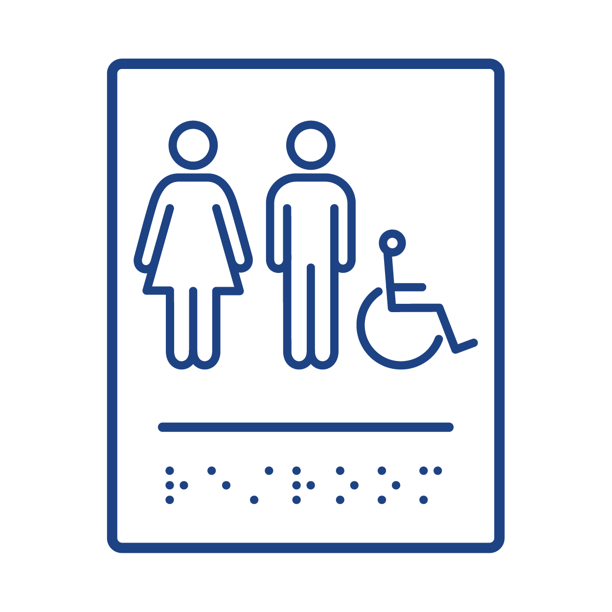 Accessible restroom sign with symbols for female, male, and wheelchair user.