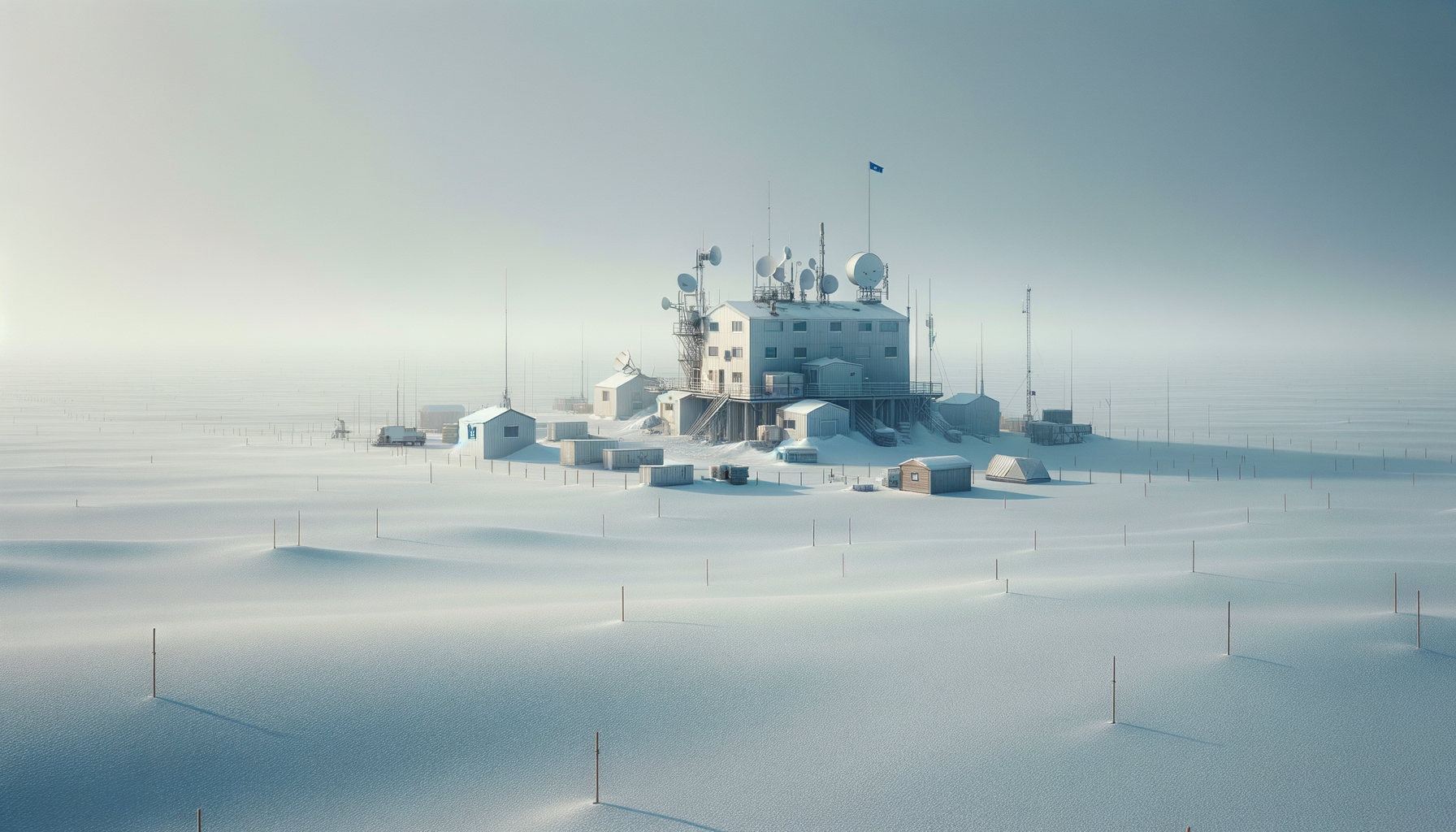 A snow-covered landscape with a large communication or weather station building surrounded by smaller structures and equipment, under a foggy sky.