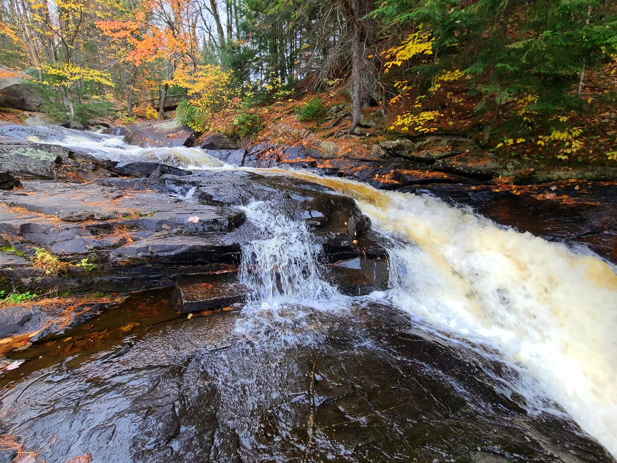 A small waterfall flowing over dark rocks in a forest during fall, with trees displaying orange, yellow, and green leaves.  The Riverbend Condos, Huntsville, Muskoka.