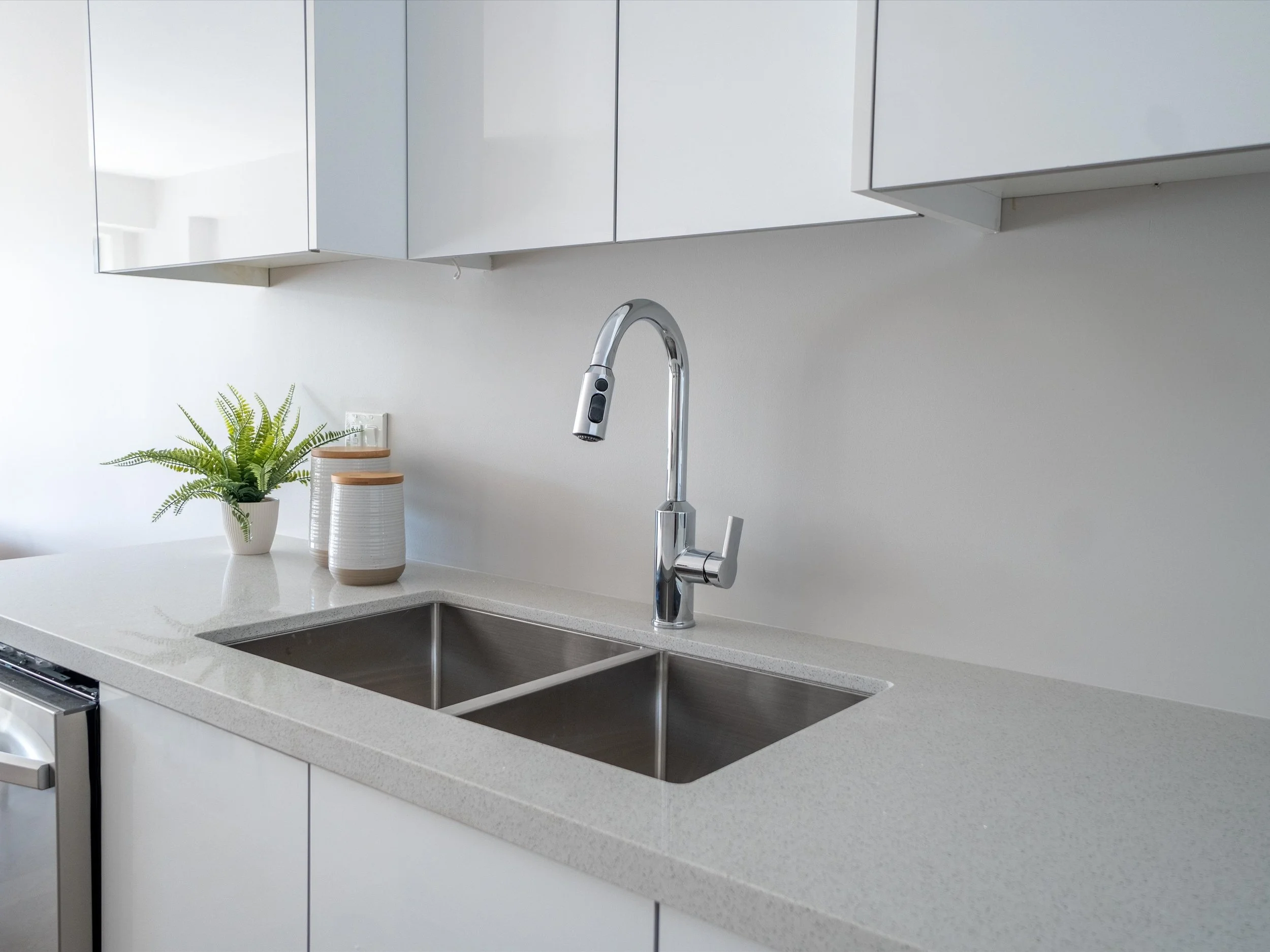 Modern kitchen countertop with stainless steel double sink, chrome faucet, white cabinets, potted fern, and decorative jars.  The Riverbend Condos, Huntsville, Muskoka.