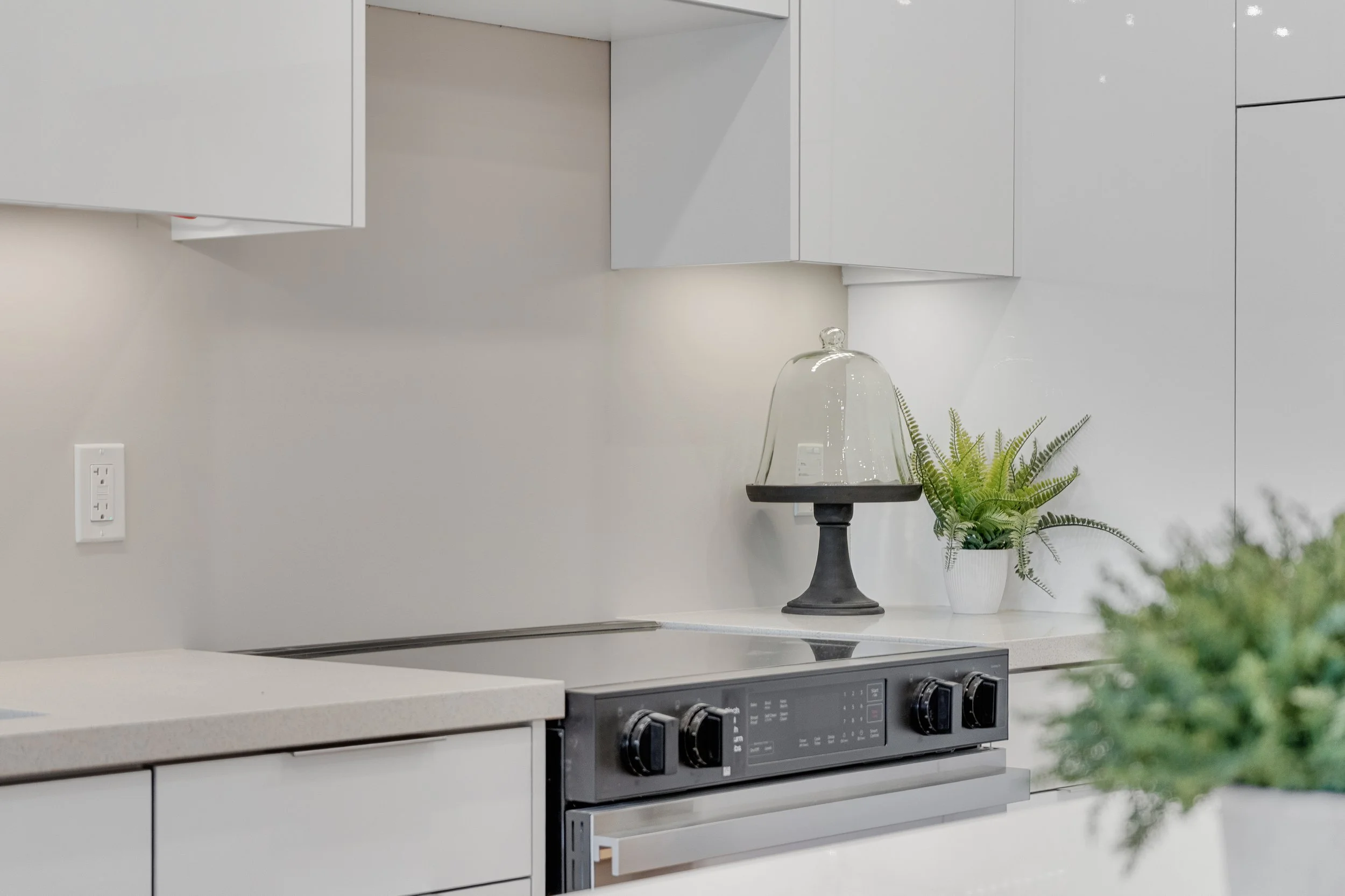 Modern kitchen with white cabinets, a gray stovetop, and decorative items including a glass dome on a stand, a potted fern in a white planter, and a blurred greenery in the foreground.  The Riverbend Condos, Huntsville, Muskoka.