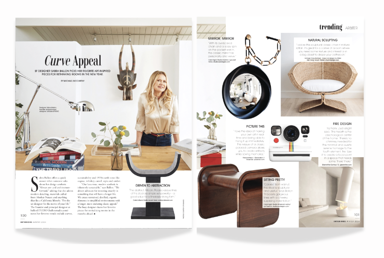 San Francisco Magazine Winter 2024 feature highlighting Sabra Ballon’s art inspired design picks, blending modern detailing, natural materials, and elevated California interiors.