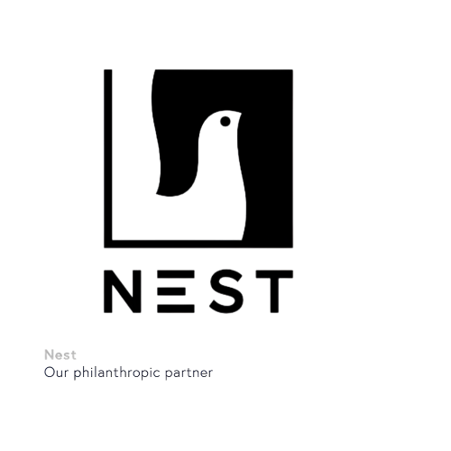Logo of NEST with a stylized bird design above the word 'NEST' and the text 'Our philanthropic partner' below.  BallonStudio is a luxury interior design firm committed to sustainability in interior architecture in San Francisco