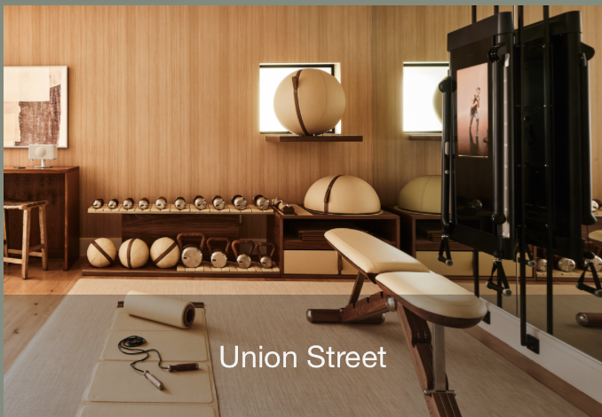 Union Street in the Marina San Francisco is a private home gym with exercise balls, dumbbells, balance discs, and a full height mirror wall, finished with warm wood flooring for a modern Marin County wellness focused interior design.