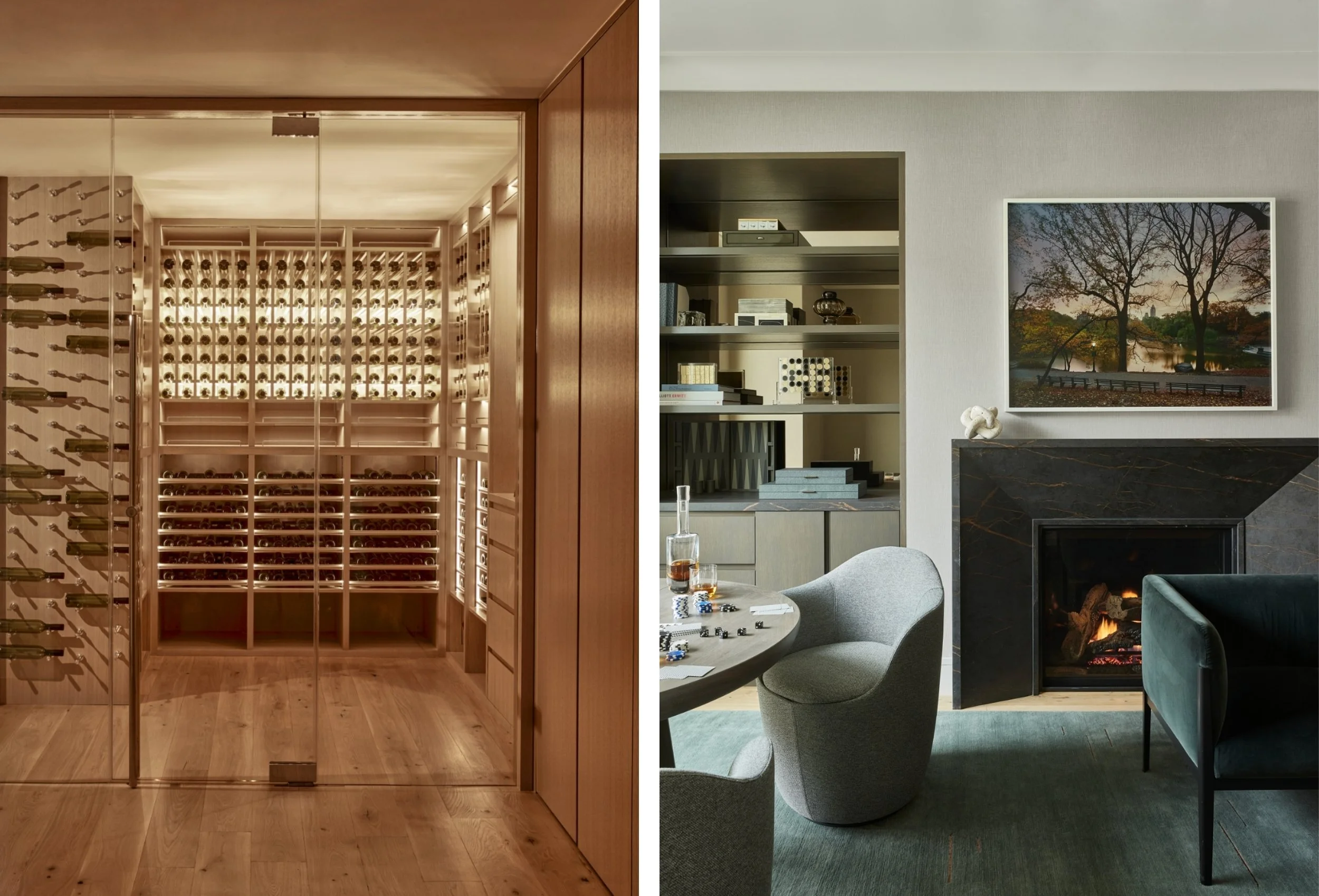 Union Street Marina District private custom built, temperature controlled wine cellar with wood shelving and glass doors sits next to a game room with a fireplace, creating a refined entertaining zone within this modern San Francisco home.
