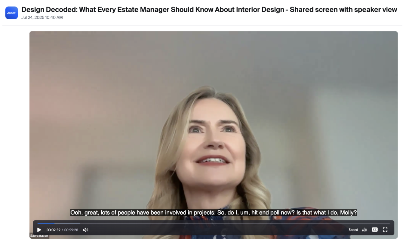 A woman with long blonde hair talking during a virtual presentation, smiling, with subtitles at the bottom reading "Ooh, great, lots of people have been involved in projects. So, do I, um, hit end poll now? Is that what I do, Molly?"