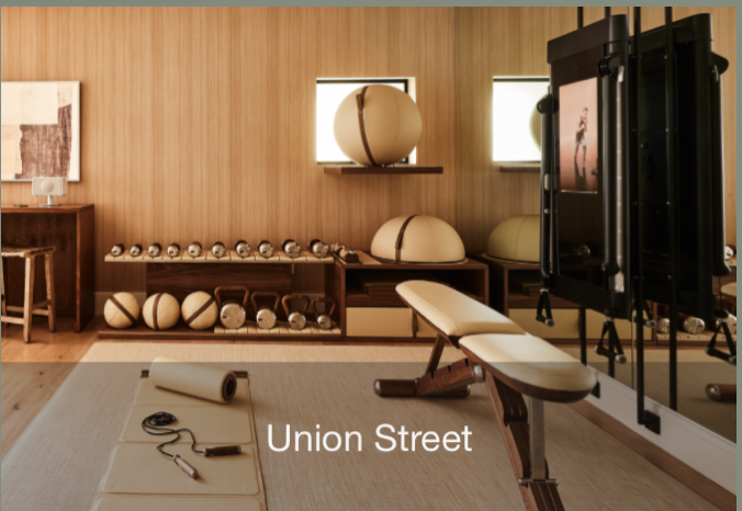 Indoor fitness studio with various exercise equipment, including yoga balls, dumbbells, and mirrors, with a wooden wall and two small windows. Specializing in private fitness at home & wellness-centered residential design