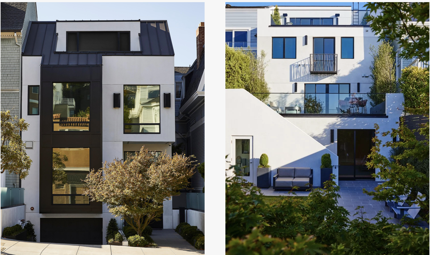 Union Street Marina District exterior views in San Francisco showing a modern white facade with large windows and a landscaped backyard with terraces, glass doors, and outdoor seating for modern luxury indoor outdoor living.