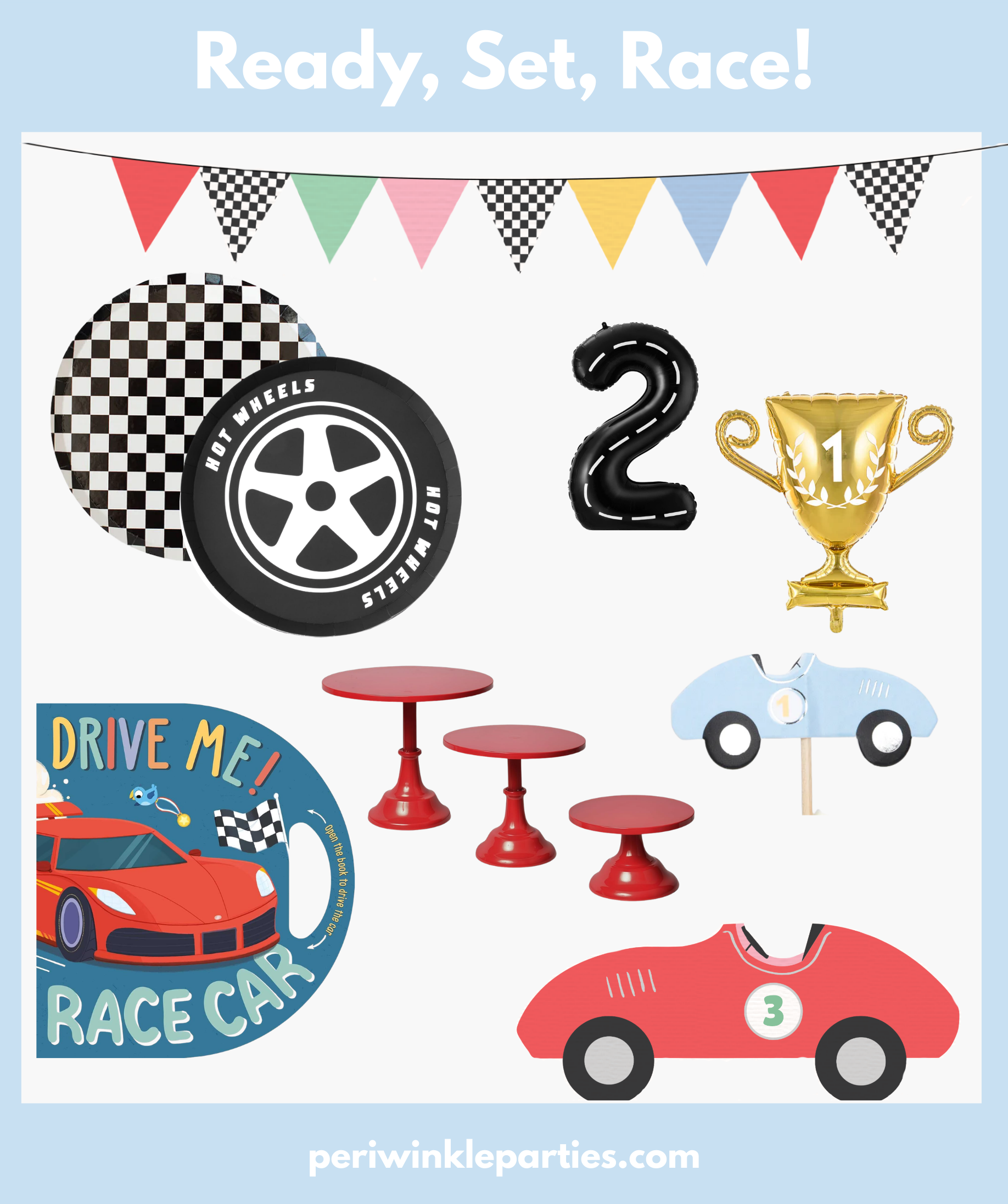 A children's race car party decorations set including checkered flags, tire cutouts, a black number 2 balloon, a gold trophy with 1, a blue race car with 1, and a red race car with 3, along with red table and stool set, and a "Drive Me! Race Car" pos