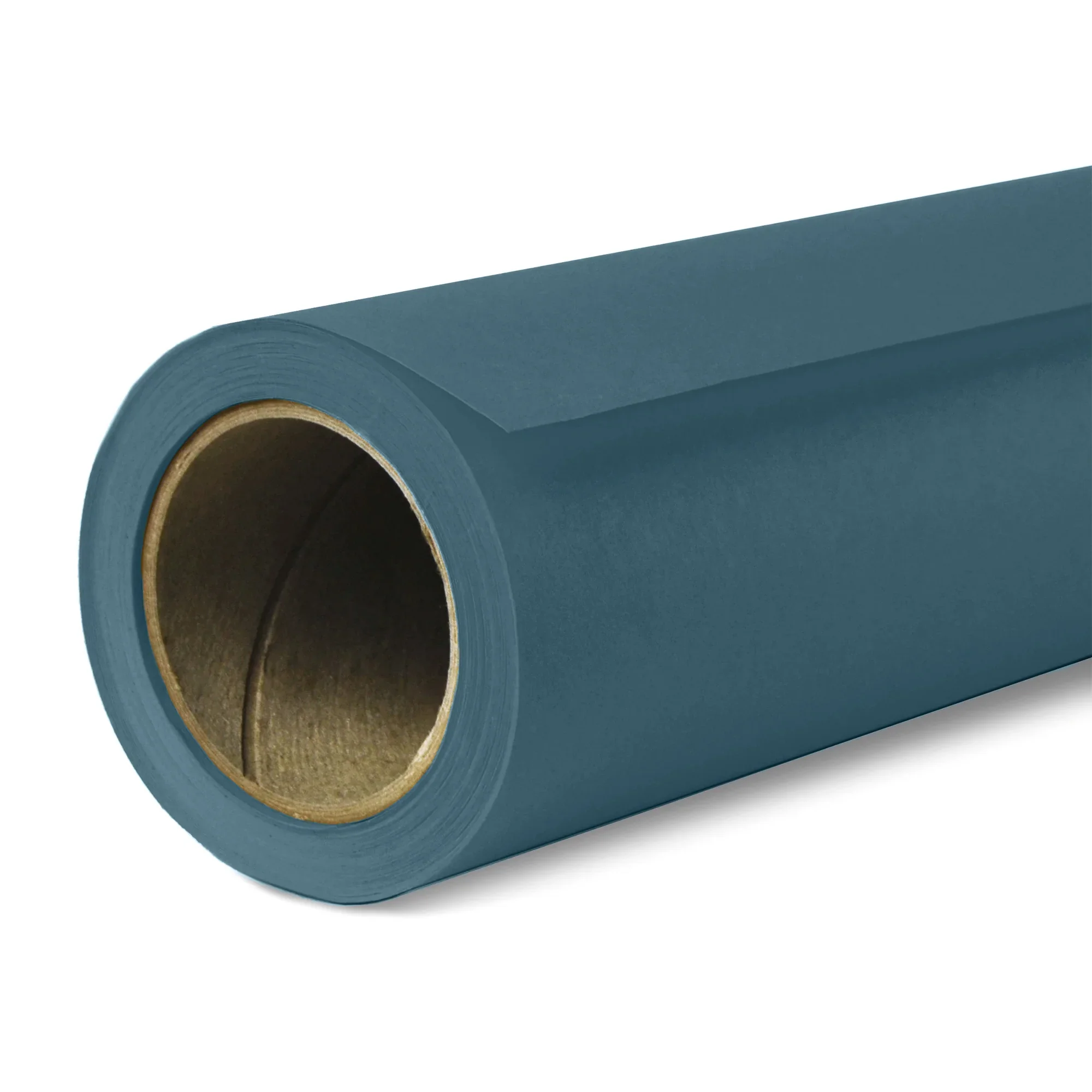 A close-up of a roll of blue wallpaper or wrapping paper with a cardboard tube inside.