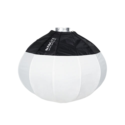 A professional studio softbox light with a black and white exterior and a silver mounting mount on top