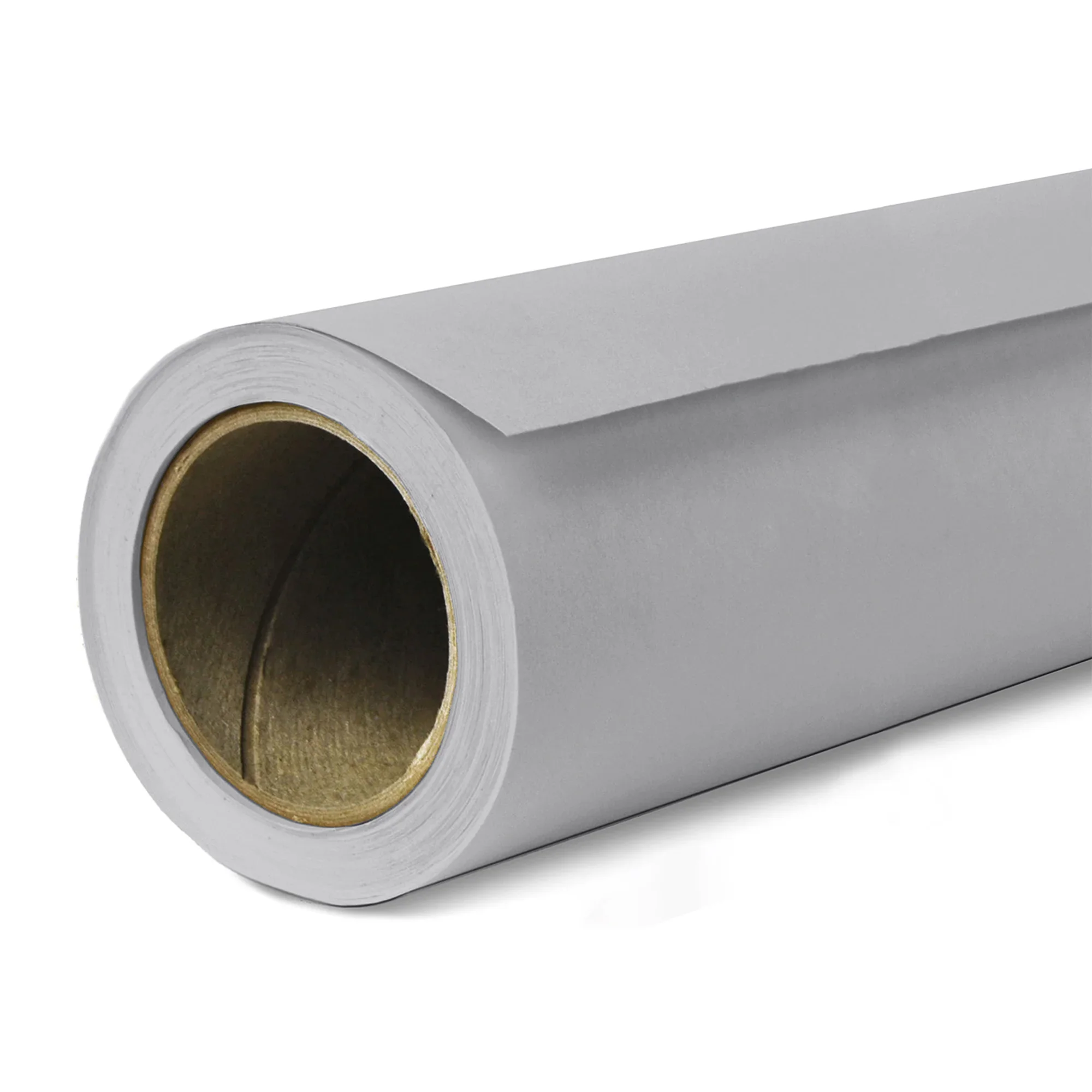 A close-up of a gray paper towel roll with a cardboard tube inside, set against a white background.