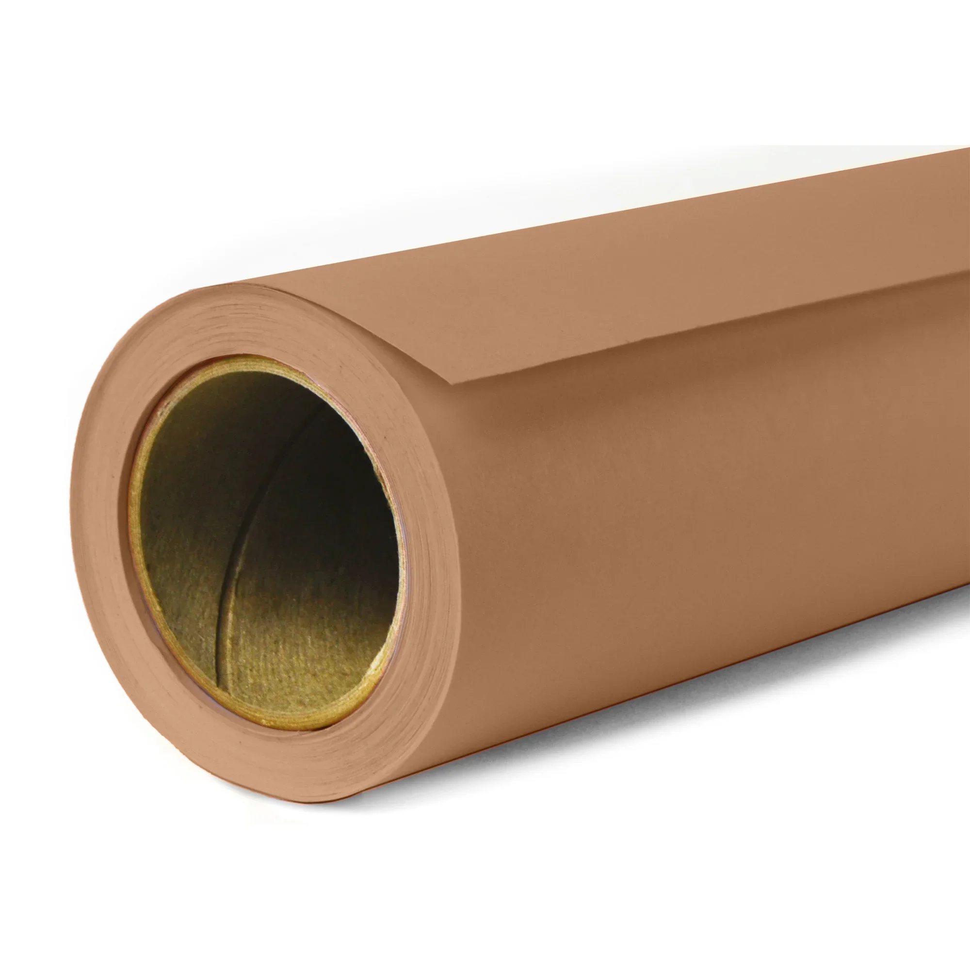 Large roll of light brown kraft paper with a hollow cardboard core, partially unrolled on a white background.