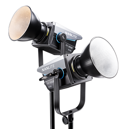 Two professional studio strobe lights with softboxes on a stand