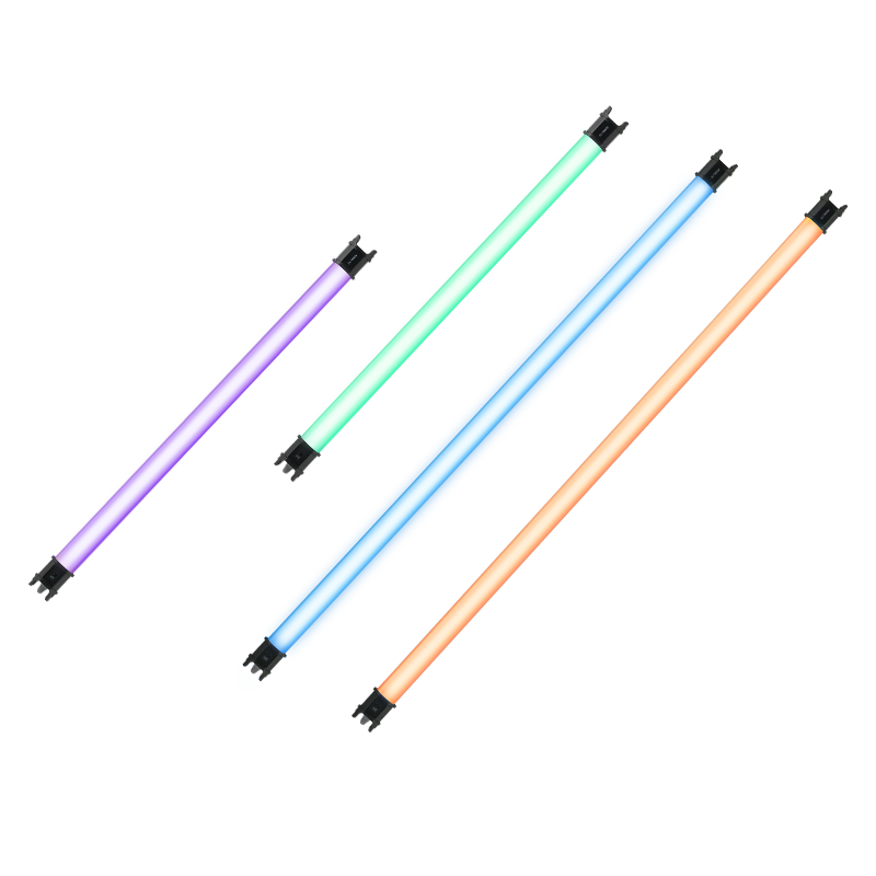 Four colorful LED light strips in purple, green, blue, and orange, mounted with clips, against a black background.