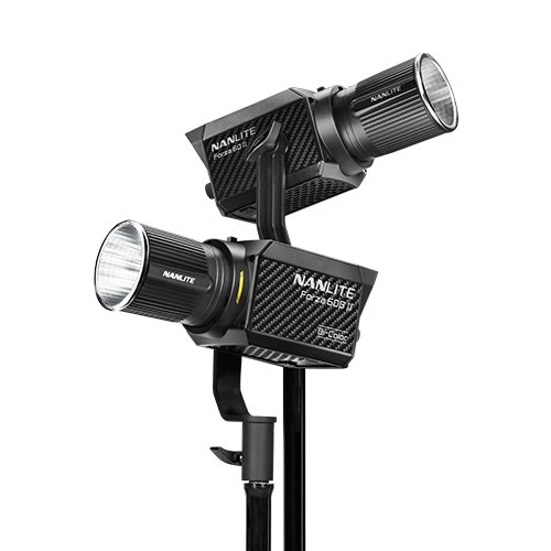 Two Nanlite studio lights mounted on a stand