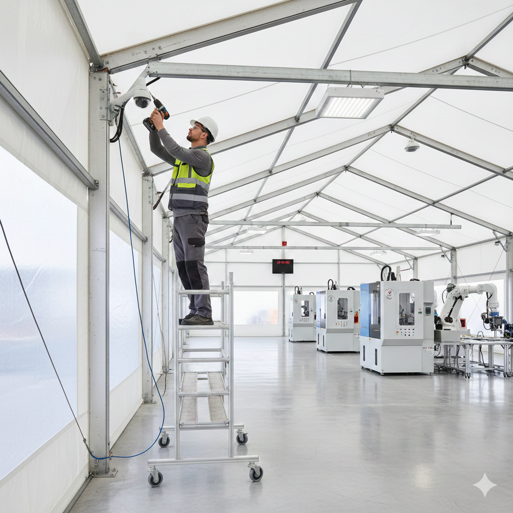 Un hombre con casco y chaleco de seguridad instalando cámaras de seguridad en una carpa modular industrial.