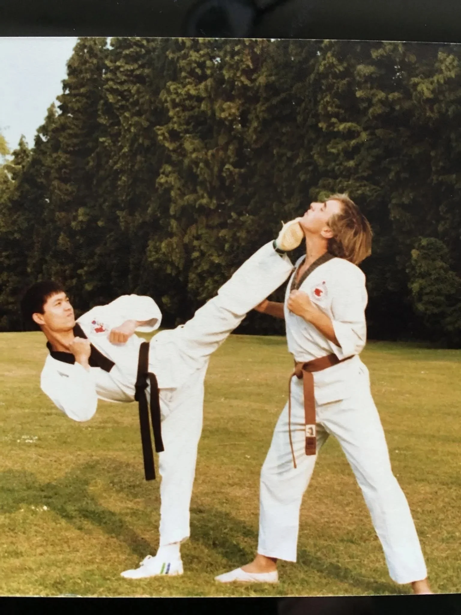 A woman performing a high kick in a martial arts uniform on an outdoor grassy field, with a man in a martial arts uniform holding a pose nearby. Both are wearing traditional gi uniforms with belts.