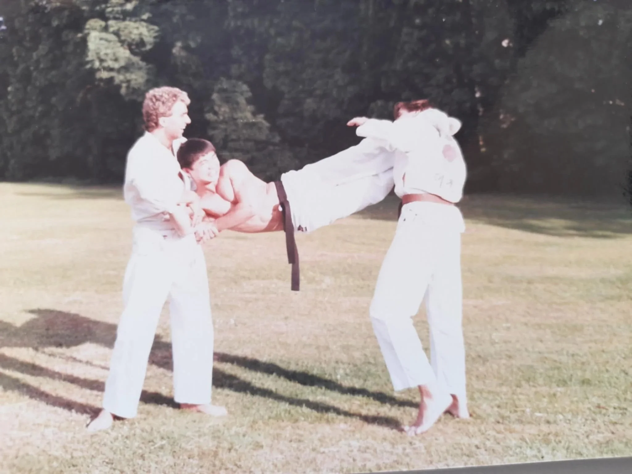 Three people practicing martial arts outdoors on grass, with a background of trees. One person is being held horizontally, with two others gripping their arms and legs.