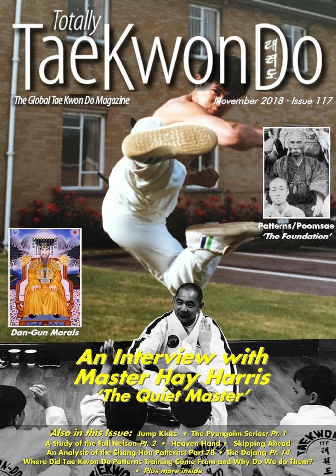 Cover of Totally Taekwondo magazine featuring a young man performing a high kick outdoors, with a man in a martial arts uniform sitting and children in uniforms practicing inside. Includes images of historical taekwondo figures and text highlighting 
