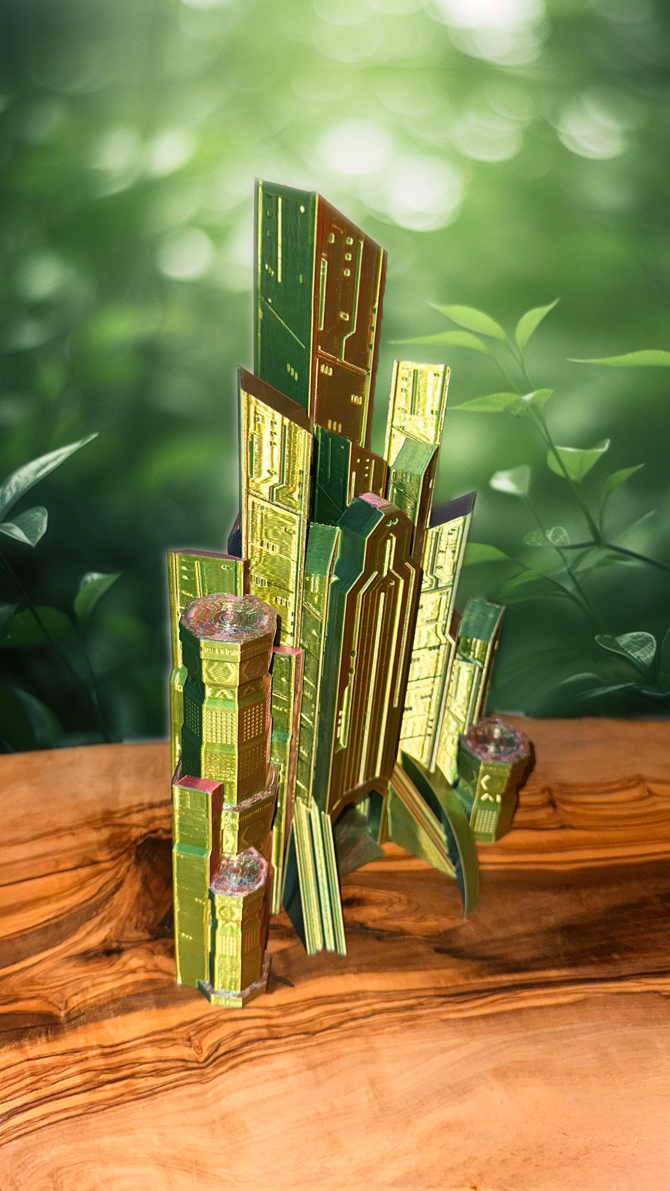 A Dice Tower in the design of a futuristic skyscraper cityscape