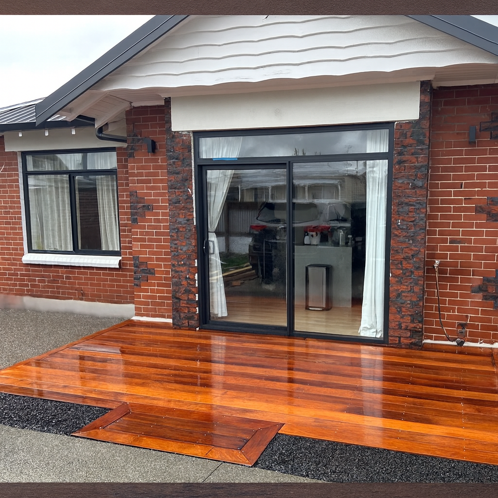 Photo of a brick house with a sliding glass door leading to a wooden deck. The deck appears wet, reflecting light, and a small section of black gravel is visible in the foreground.