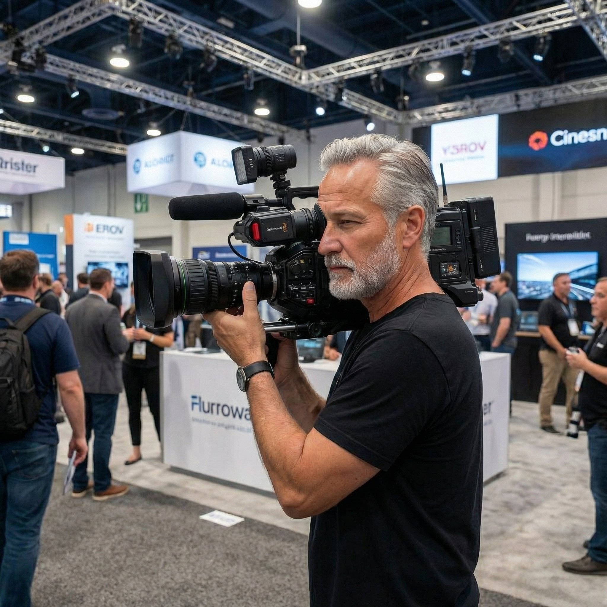 Kameramann filmt mit der Schulterkamera eine Reportage auf einer Messe.