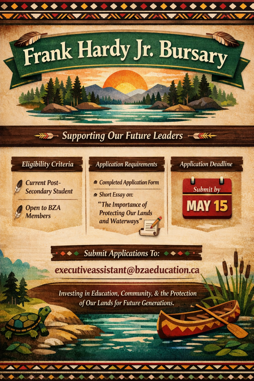 Flyer for Frank Hardy Jr. Bursary featuring a nature scene with mountains, trees, a river, and a sunset, along with info about eligibility, application requirements, deadline, and contact email.