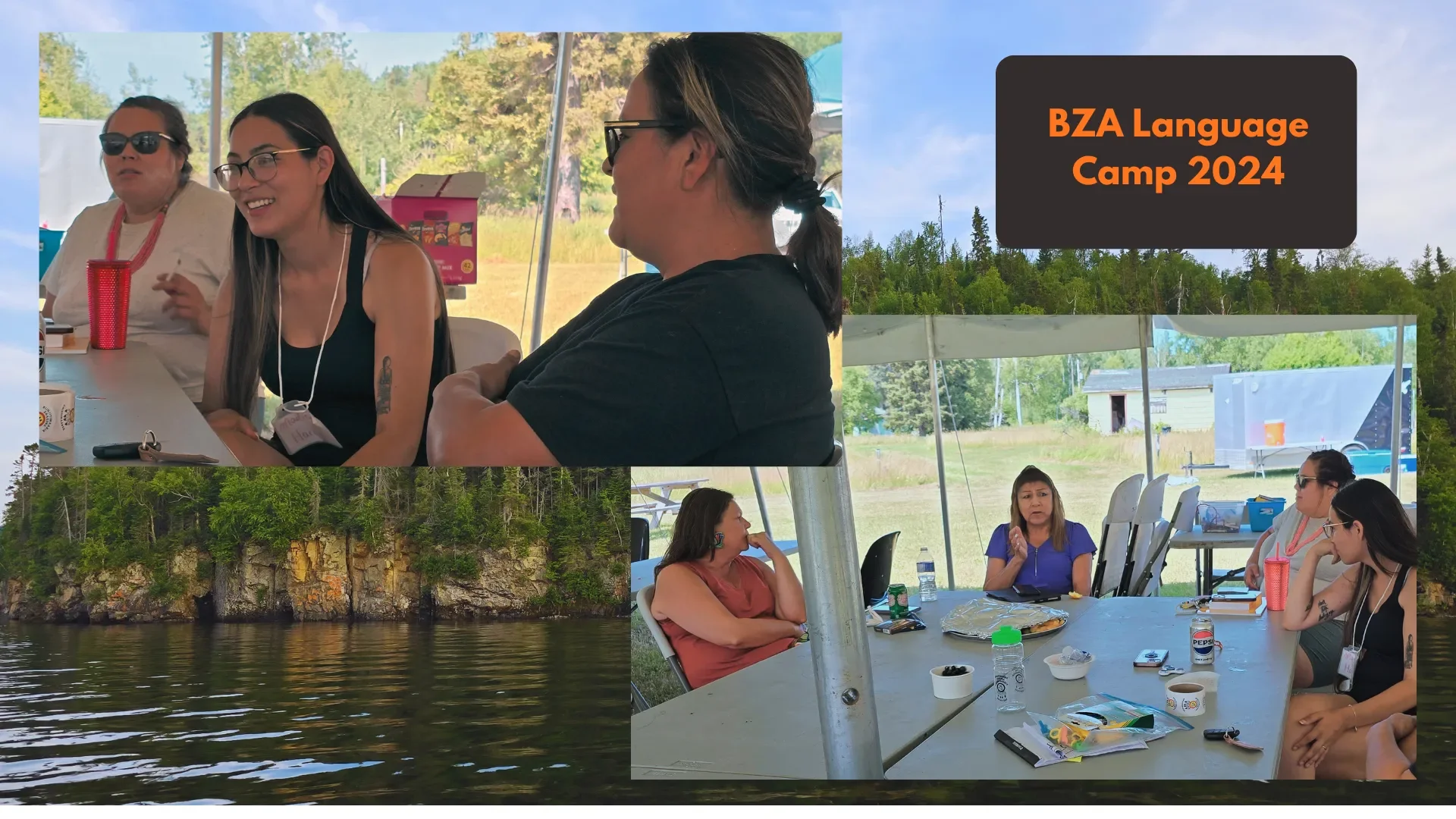 A collage of photos from the BZA Language Camp 2024 showing women sitting at a table outdoors, engaged in conversation, with a scenic background of trees and water, and a sign in the top right corner that reads 'BZA Language Camp 2024'.