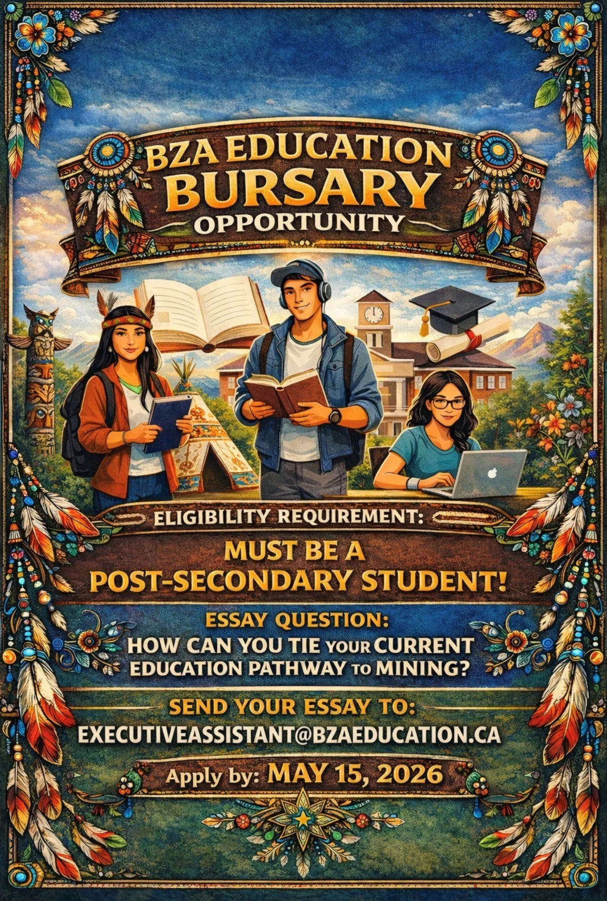 A colorful poster promoting a bursary opportunity from BZA Education, featuring three students in front of a school building with a graduation cap, decorated with feathers and tribal patterns, and providing details about eligibility, essay question, and application deadline.
