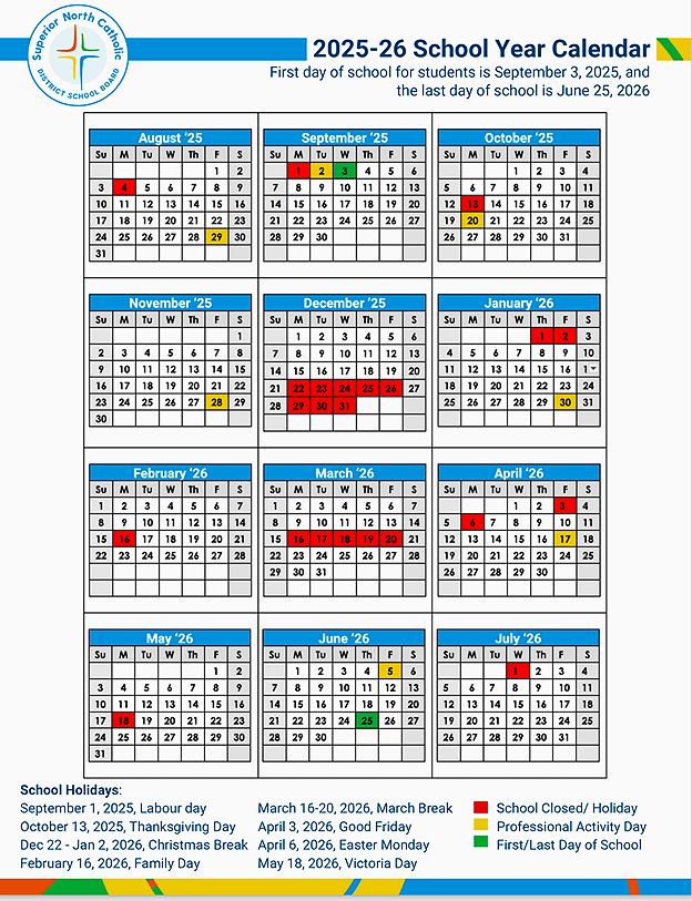 2025-26 school year calendar for a school district, showing months from August 2025 to July 2026 with holidays and school days highlighted in different colors.