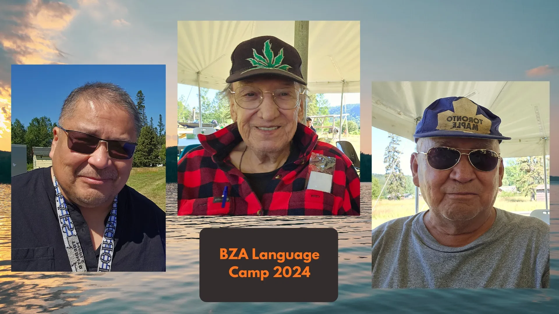 Photograph of three men at BZA Language Camp 2024, with a water and sunset background. The man on the left wears sunglasses and a black shirt, the man in the middle wears glasses, a black hat with a green and white design, and a red and black flannel shirt, and the man on the right wears sunglasses and a cap labeled 'Toronto Maple.'