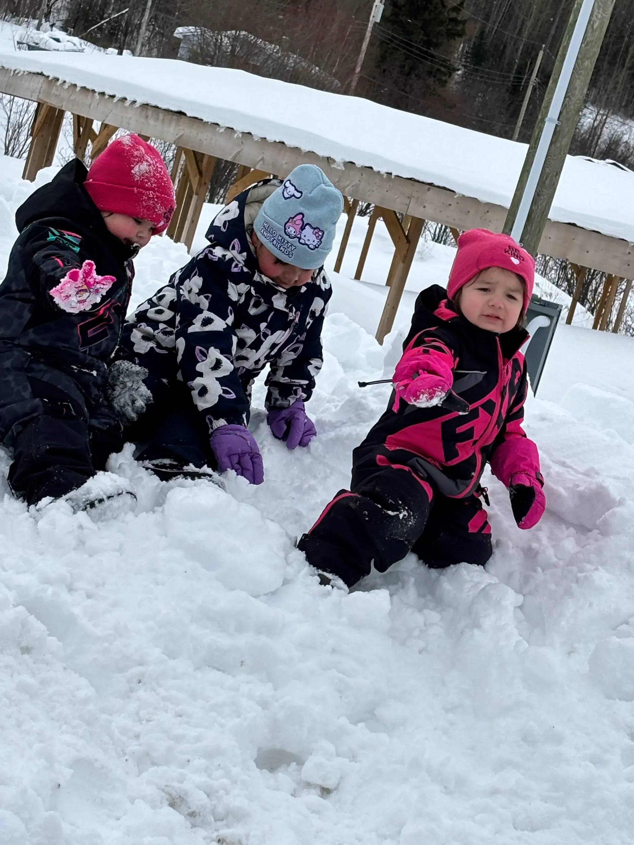 Three young children wearing winter jackets, hats, and gloves playing in the snow on a snowy outdoor area with a wooden structure and trees in the background.
