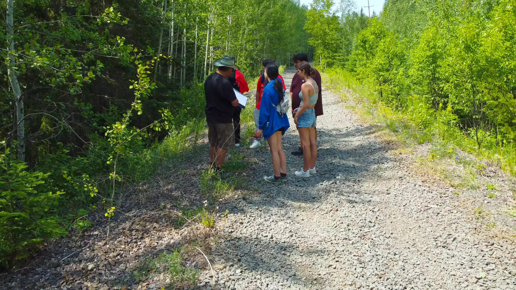 Group of six people standing on a gravel trail in a forest, looking at a clipboard.