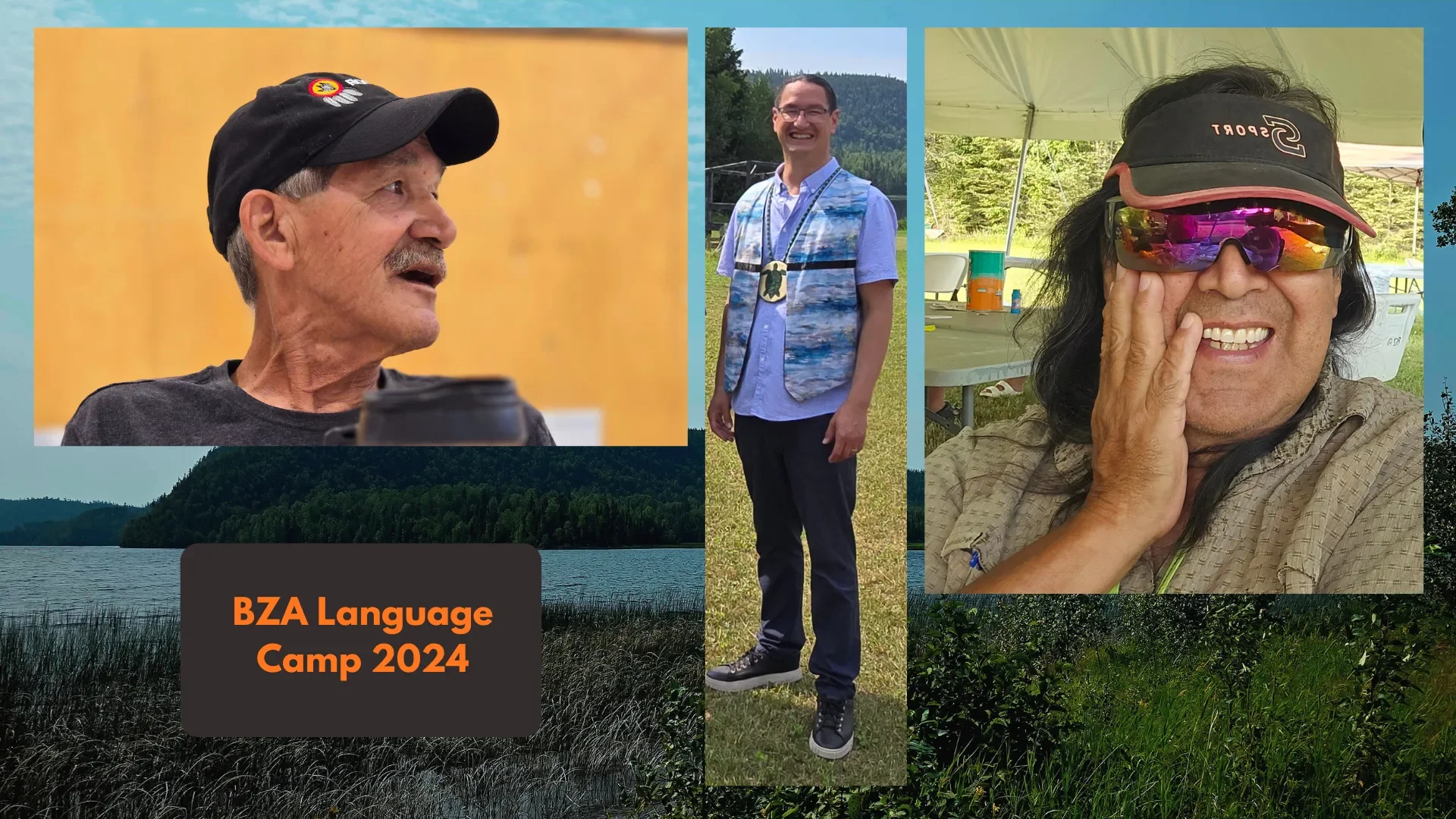 Collage of three people at BZA Language Camp 2024, outdoors near a lake and a grassy field, with the text 'BZA Language Camp 2024' on a dark background.