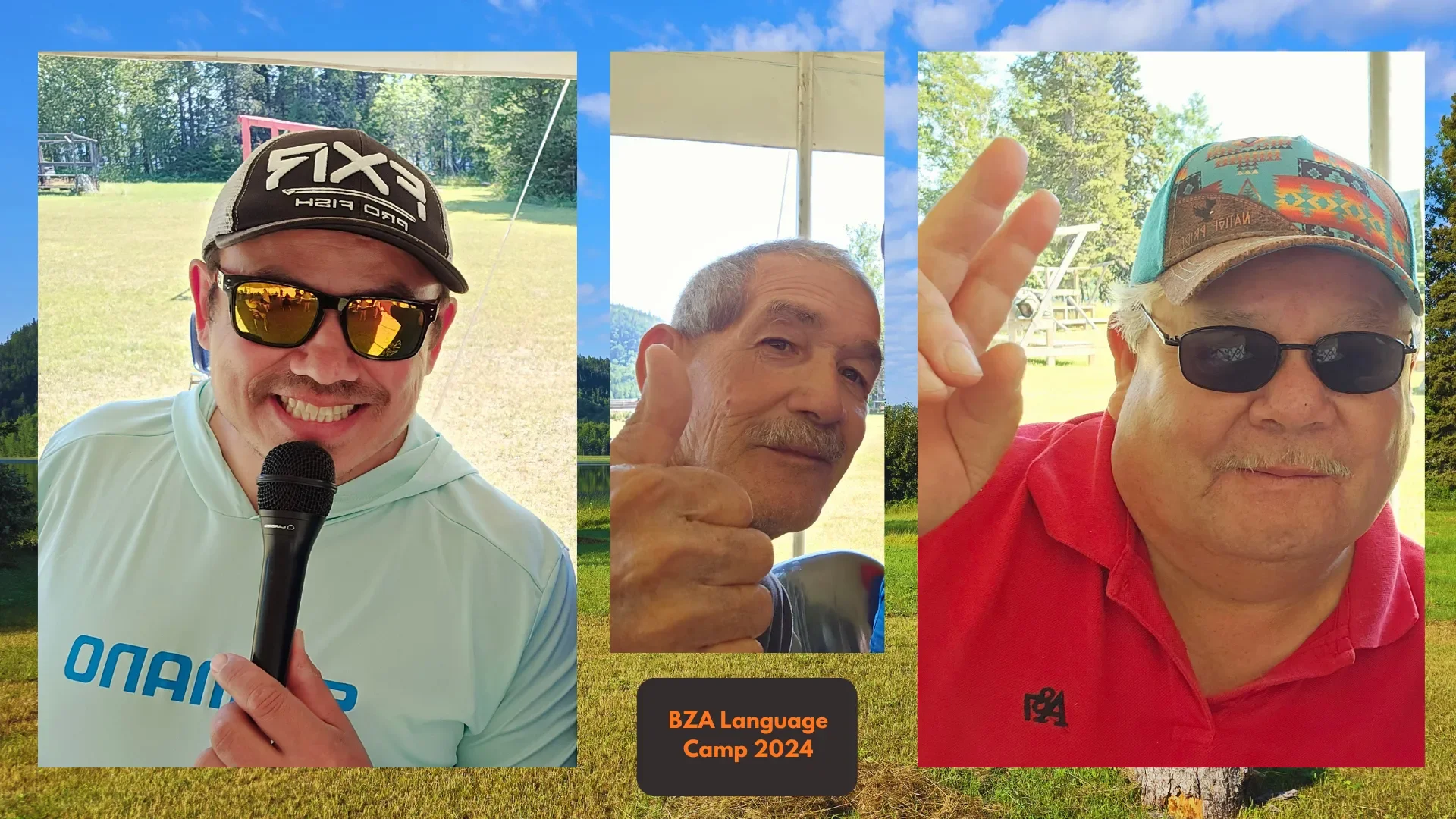 Three men outdoors at BZA Language Camp 2024. The man on the left is smiling, wearing sunglasses, a cap, and a white shirt, holding a microphone. The middle man is giving a thumbs-up with a curious expression. The man on the right is making a peace sign, wearing sunglasses, a colorful cap, and a red shirt. Background features trees and a grassy area.