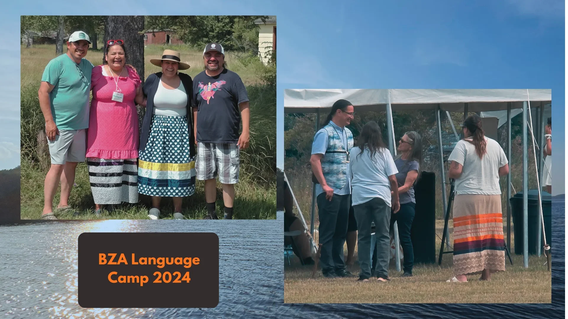 Collage of two photos from BZA Language Camp 2024. The left photo shows four people standing outdoors next to a tree, smiling at the camera, with two women in skirts and two men in shorts and T-shirts. The right photo shows five people gathered near a white canopy tent outdoors, engaged in conversation. One woman is wearing a white T-shirt and a long skirt with stripes and lace, and a man is wearing glasses and a blue striped shirt. A black speaker is visible near the tent.