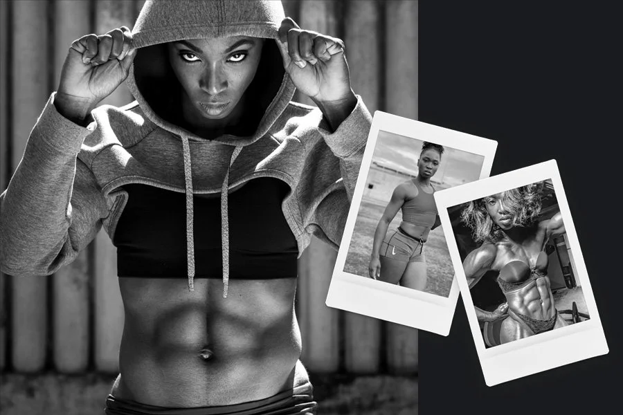 Black and white photo of a fit woman with a serious expression, wearing a hoodie and black sports bra, lifting the hoodie with her hands. Two Polaroid photos show her in athletic wear, one on a beach and the other showing her muscular physique with defined abs.