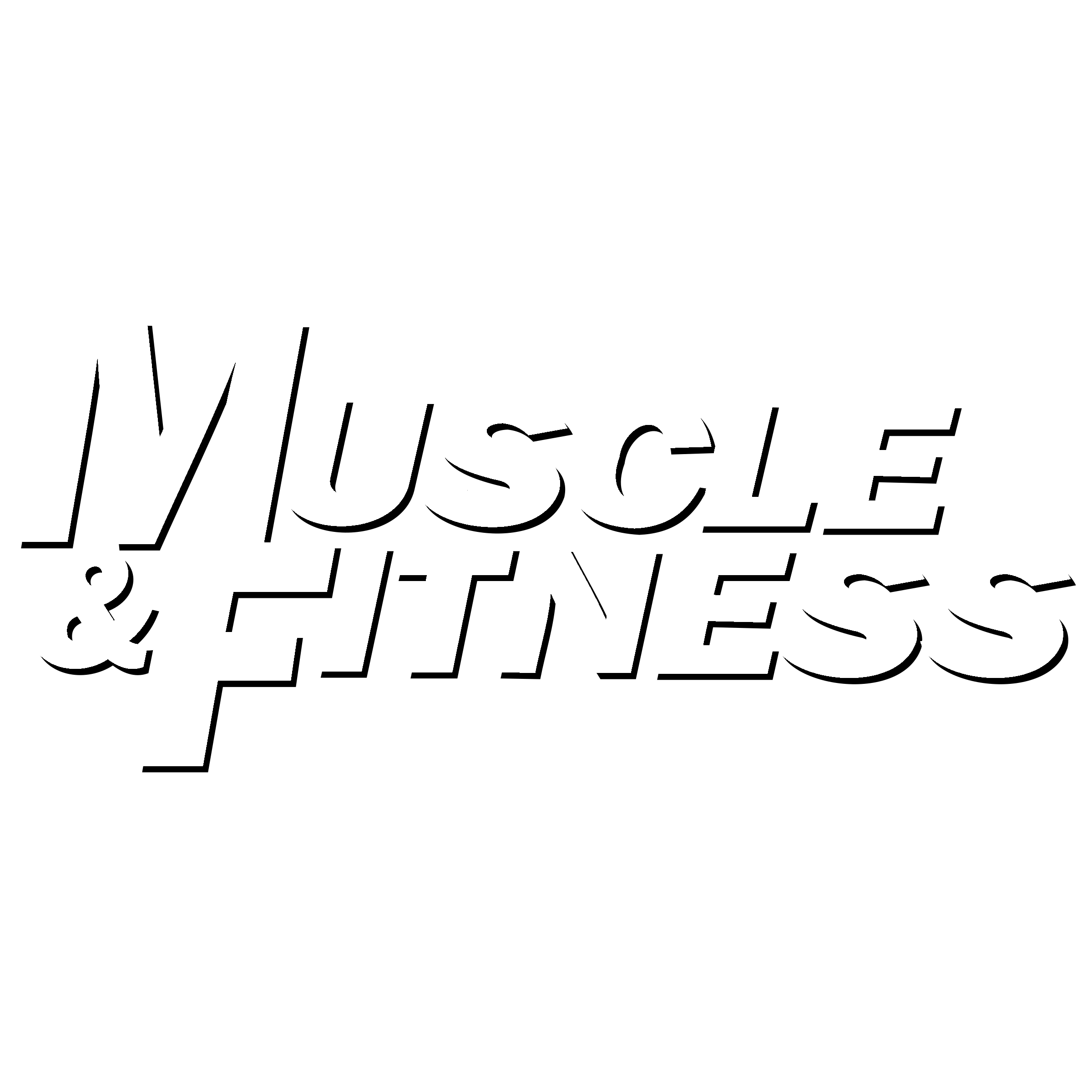 Black background with bold white text reading 'Muscle & Fitness' in a dynamic, slanted font.